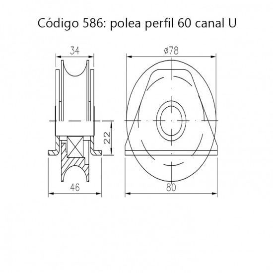 Plano polea con soporte Canal U20 - Perfil 60