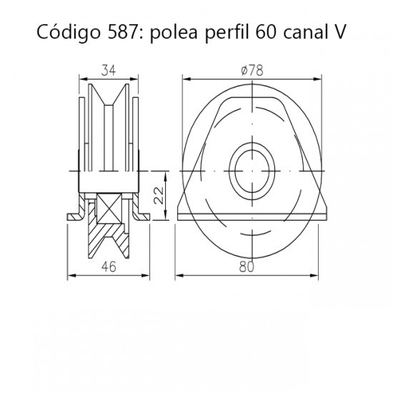 Plano polea con Soporte Canal V - Perfil 60