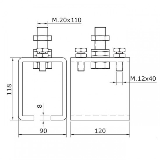 Dibujo técnico abrazadera raíl U-70 ajustable