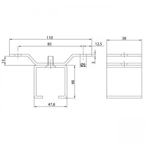 Dibujo técnico abrazadera raíl U-40 a techo INOX