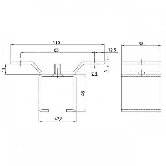 Dibujo técnico abrazadera raíl U-40 a techo INOX