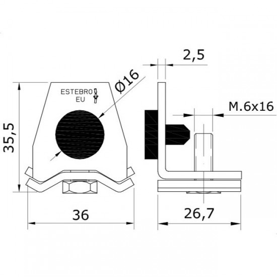 Dibujo técnico tope raíl U-40 INOX