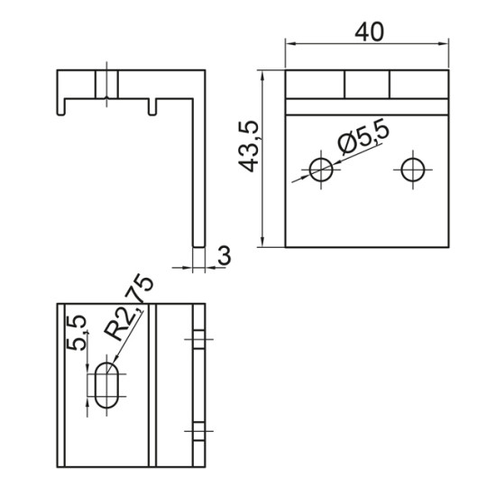 Plano soporte raíl aluminio U-30 pestaña